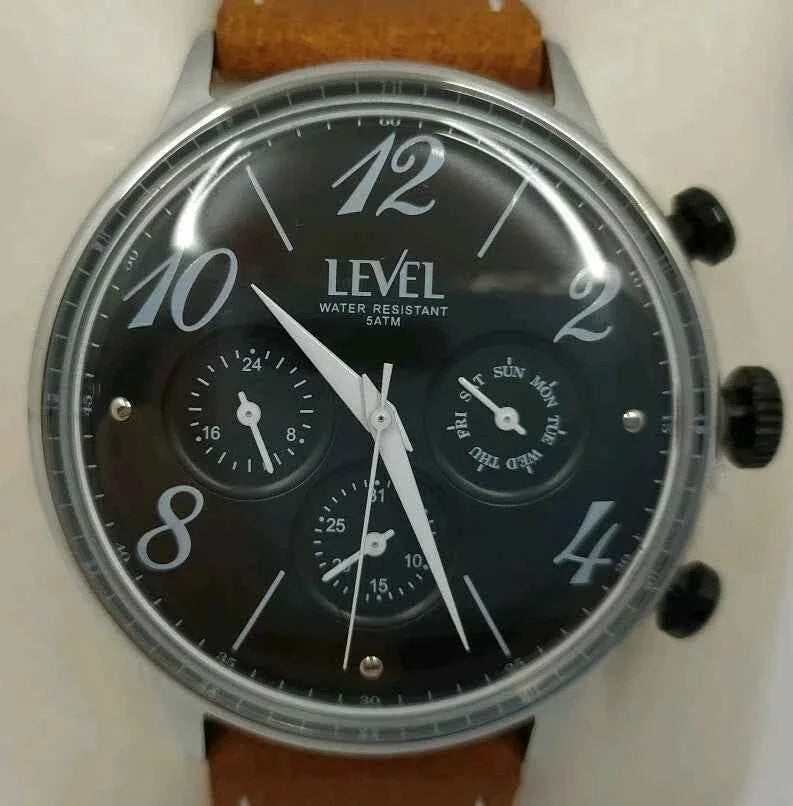 Vintage Style LEVEL Watch. Black Dial, Brown Strap -