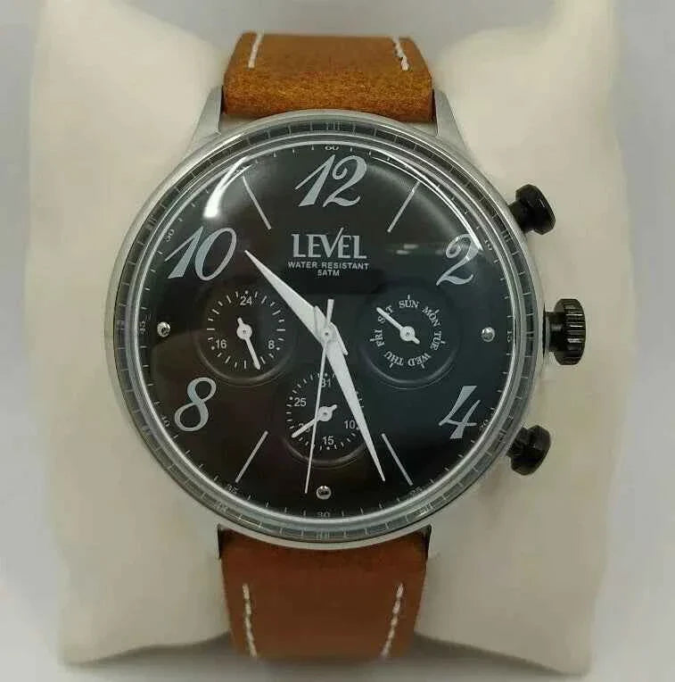 Vintage Style LEVEL Watch. Black Dial, Brown Strap -